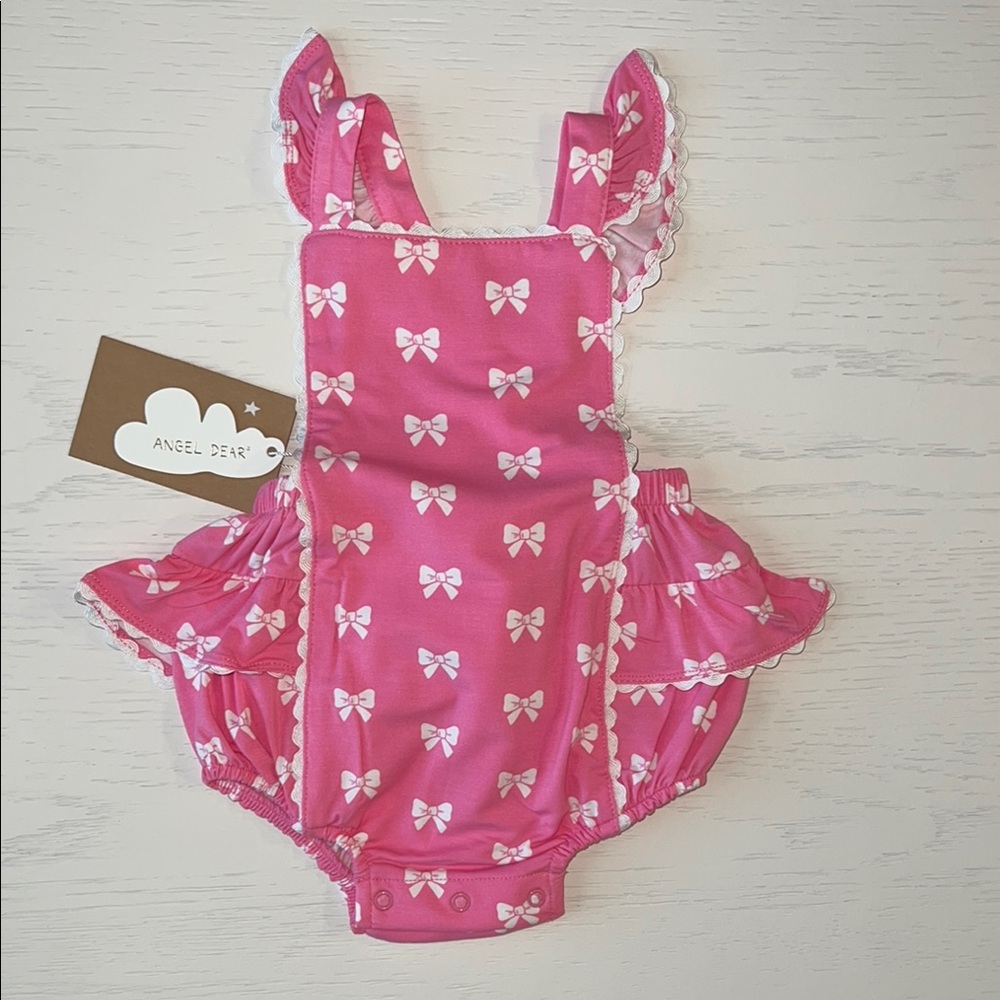 Angel Dear Ruffle Sunsuit Bubble Romper Pink Bow 12-18 18-24 months